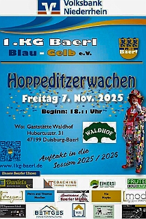 01 Hopped KG Baerl 2025-11-07 01  Hoppeditzerwachen, die Ersten - Am Freitagabend, 7. November, für uns vier das erste Hoppeditzerwachen als Kinderprinzencrew wozu wir eingeladen waren. Wir waren bei der 1. KG Baerl Blau-Gelb zu Gast. Ein spätes Hallo dann noch am Abend bei den Grafschafter Funken in Moers.